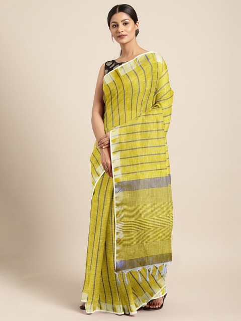 

KALINI Mustard Yellow & Grey Linen Blend Striped Kota Saree