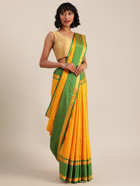 

VASTRANAND Yellow & Green Silk Cotton Checked Uppada Saree