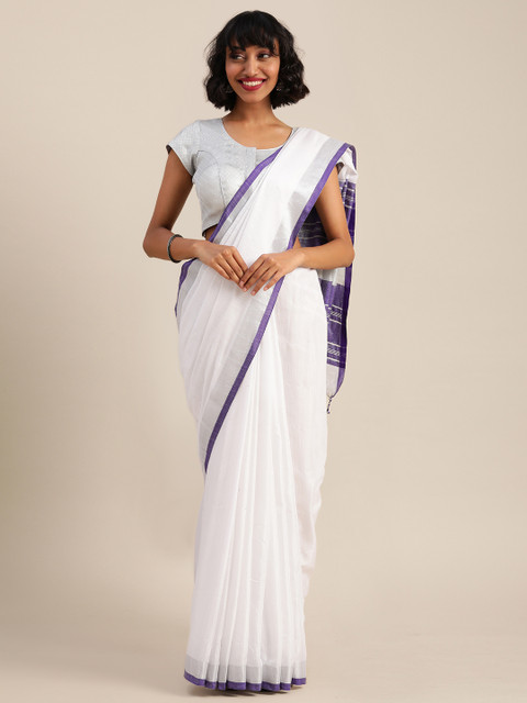 

VASTRANAND White & Purple Cotton Blend Solid Bhagalpuri Saree