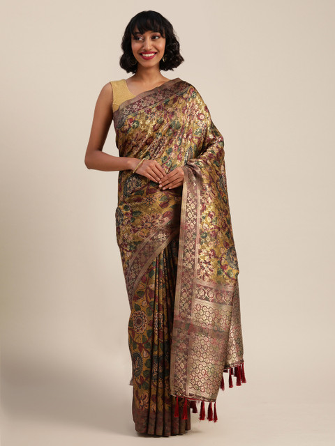 

VASTRANAND Yellow & Maroon Silk Blend Printed Saree