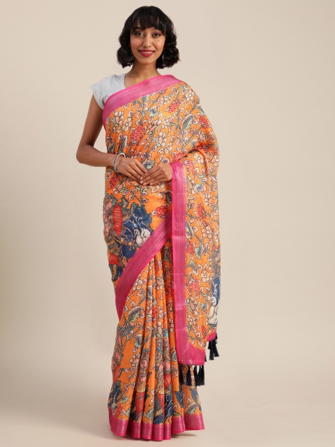 

VASTRANAND Orange & White Linen Blend Kalamkari Printed Saree