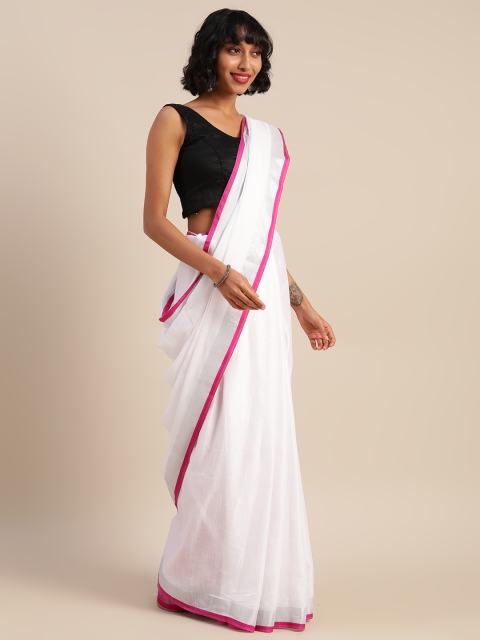 

VASTRANAND White & Pink Cotton Blend Solid Bhagalpuri Saree