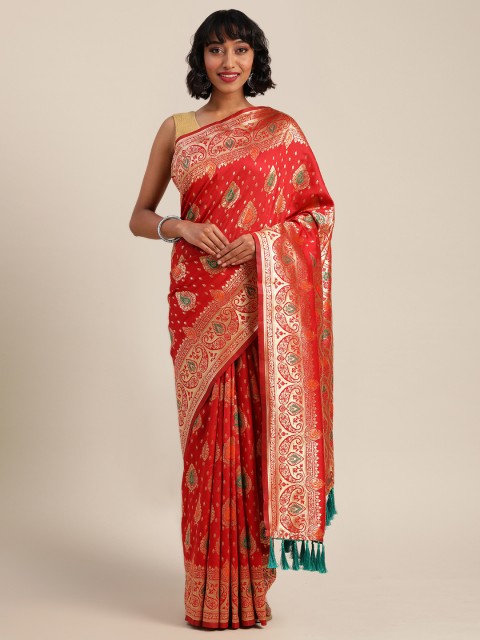 

VASTRANAND Red & Gold-Toned Silk Blend Woven Design Banarasi Saree