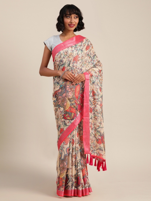 

VASTRANAND Cream-Coloured & Red Linen Blend Kalamkari Printed Saree