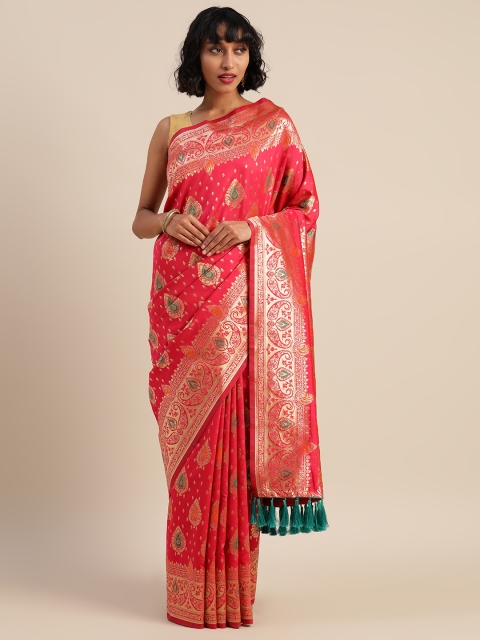 

VASTRANAND Coral Red & Golden Silk Blend Woven Design Banarasi Saree