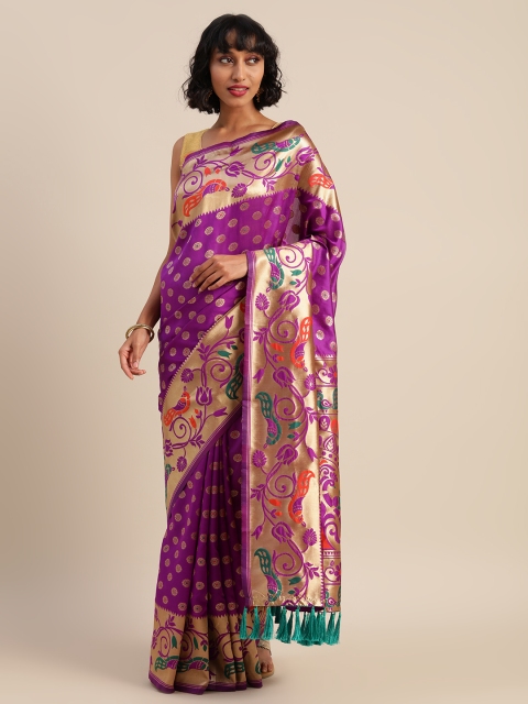 

VASTRANAND Purple & Golden Silk Blend Woven Design Banarasi Saree