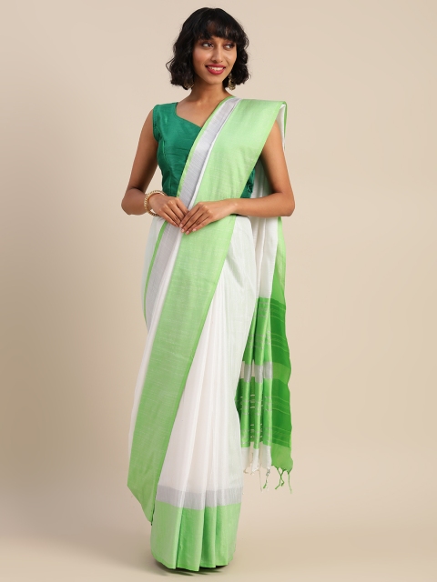 

VASTRANAND White & Green Cotton Blend Solid Bhagalpuri Saree