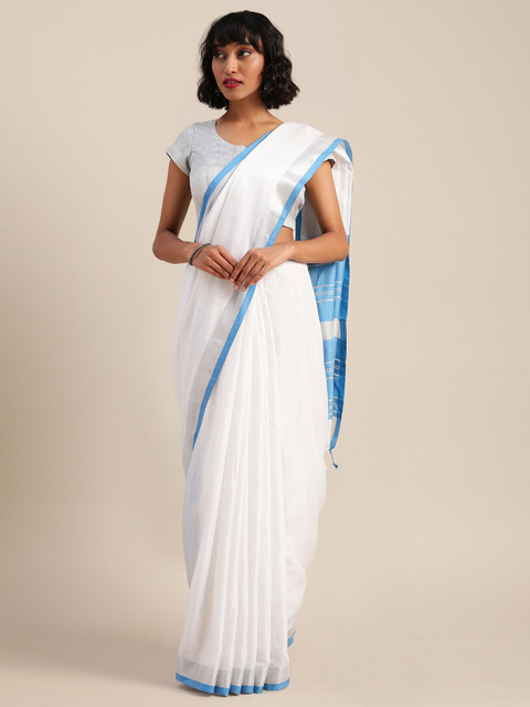 

VASTRANAND White & Blue Cotton Blend Solid Bhagalpuri Saree