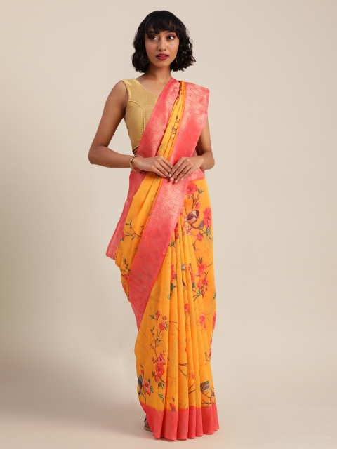 

VASTRANAND Yellow & Pink Silk Blend Printed Saree
