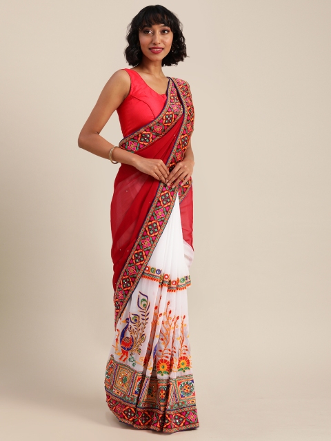 

VASTRANAND Brown & White Poly Georgette Embroidered Saree