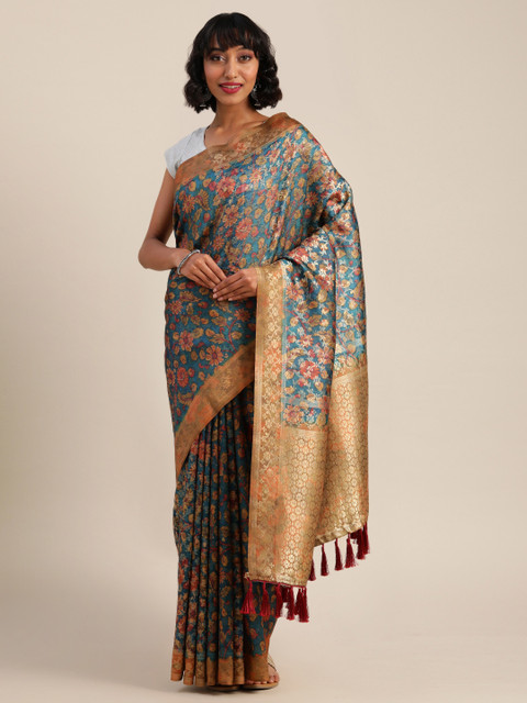 

VASTRANAND Blue & Khaki Silk Blend Kalamkari Printed Saree