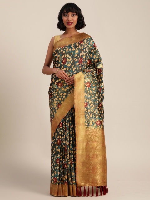 

VASTRANAND Teal Blue & Beige Silk Blend Printed Saree