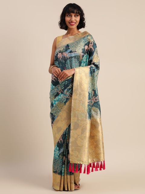 

VASTRANAND Teal Blue & Golden Silk Blend Kalamkari Printed Saree