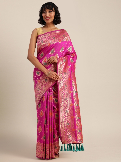 

VASTRANAND Pink & Gold-Toned Silk Blend Woven Design Banarasi Saree