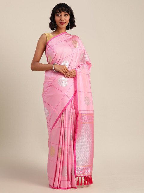 

VASTRANAND Pink Silk Blend Checked Banarasi Saree