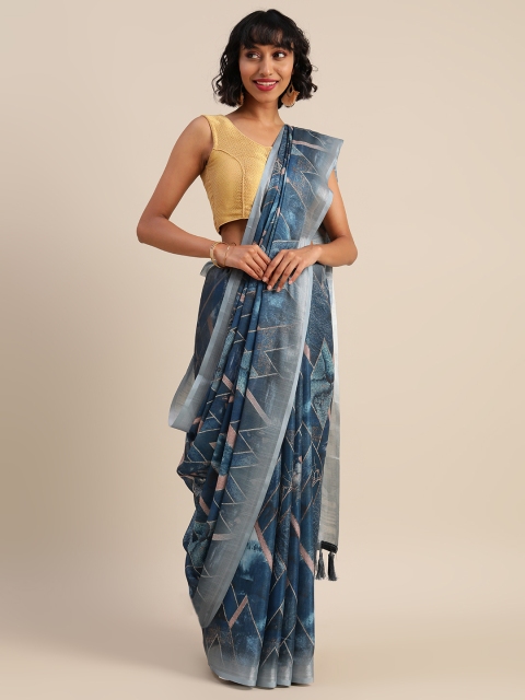 

VASTRANAND Blue & Beige Linen Blend Printed Banarasi Saree