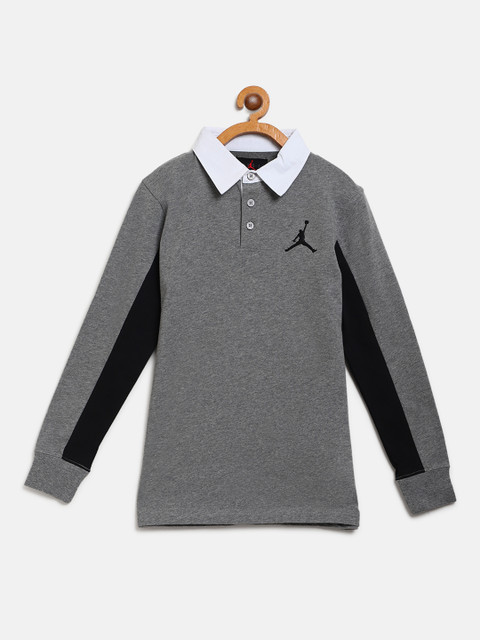 

Jordan Boys Grey Brand Logo Print Air Rugby Polo Collar Pure Cotton T-shirt, Grey melange