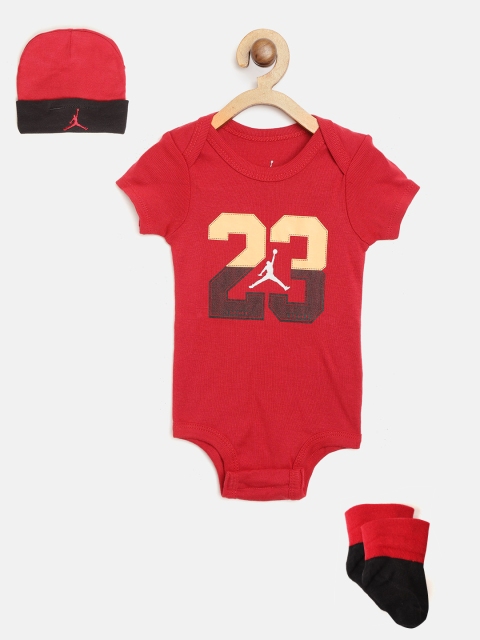 

Jordan Boys Set of Red 23 Jumpman Creeper Print Bodysuit, Beanie & Booties