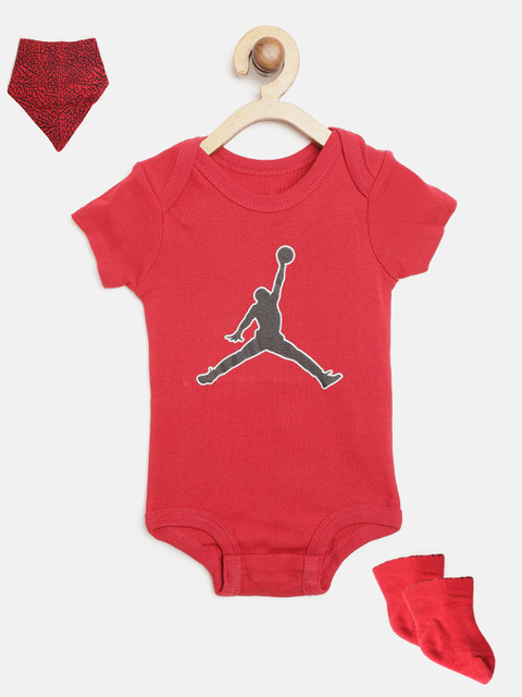 

Jordan Boys Set of Red & Black Foiled Jumpman Print Bodysuit, Bib & Booties