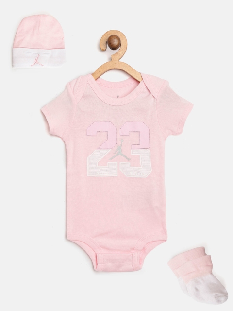 

Jordan Boys Set of Pink 23 Jumpman Creeper Print Bodysuit, Beanie & Booties