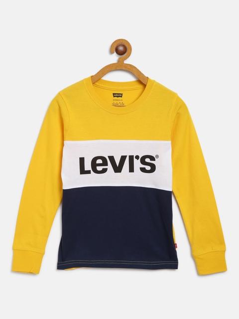 Levis Boys Yellow & Navy Colourblocked & Brand Logo Print Round Neck T-shirt