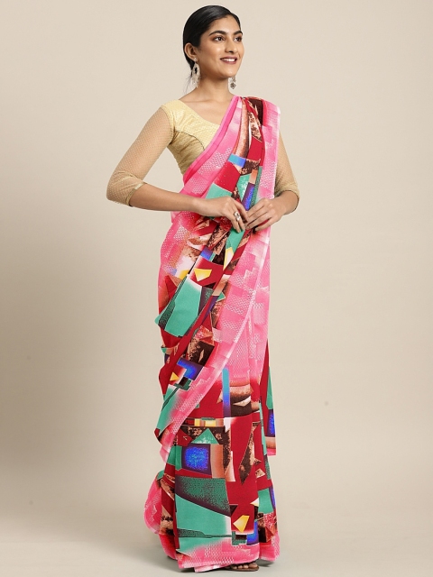 

KALINI Pink & Red Poly Georgette Printed Saree