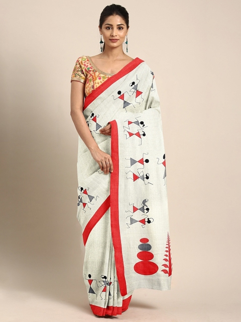 

KALINI White & Red Jute Cotton Printed Saree