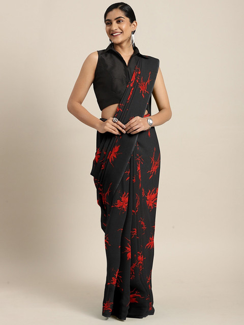 

KALINI Black & Red Poly Georgette Floral Printed Saree