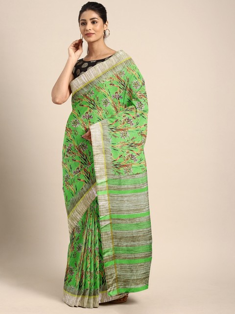 

KALINI Green & Brown Polycotton Floral Printed Saree