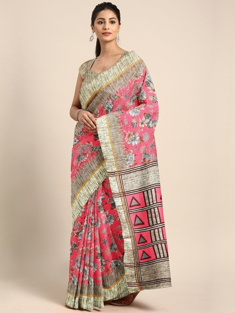 

KALINI Pink & Beige Polycotton Floral Printed Saree
