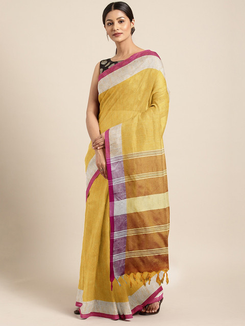 

KALINI Mustard Yellow Solid Linen Blend Saree