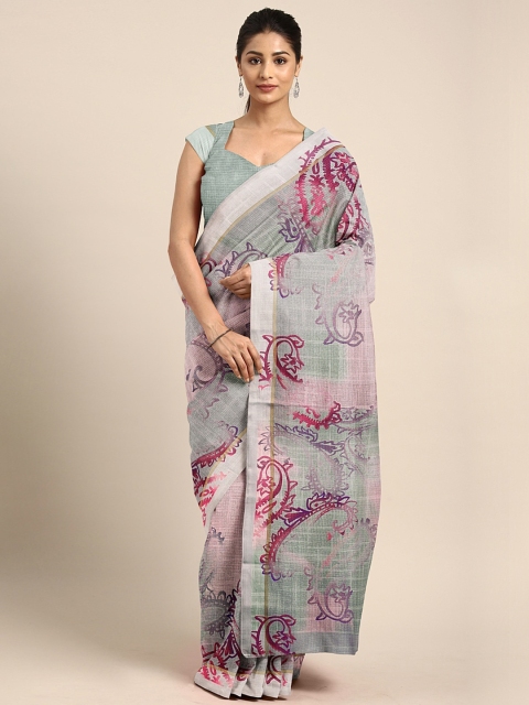 

KALINI Grey & Pink Polycotton Floral Printed Saree