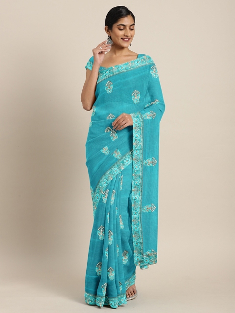 

KALINI Teal Blue Embroidered Pure Chiffon Saree