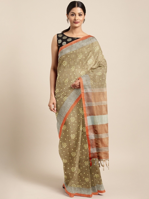 

KALINI Brown & Gold-Toned Linen Blend Printed Saree