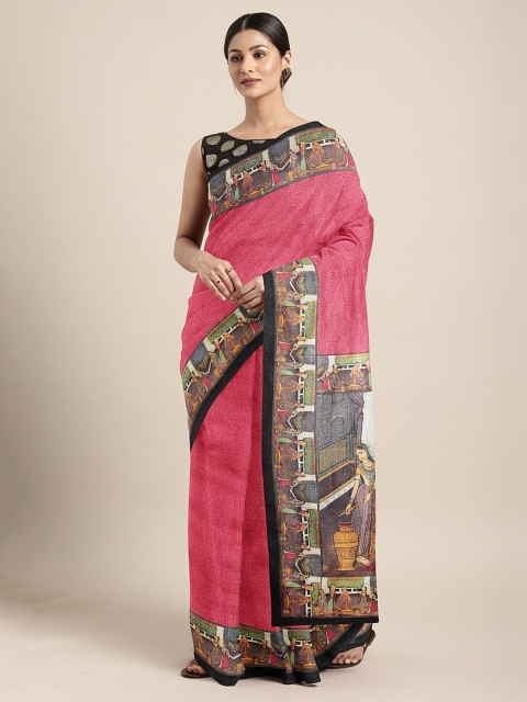 

KALINI Pink & Black Jute Cotton Solid Banarasi Saree