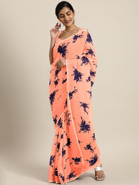 

KALINI Peach-Coloured & Navy Blue Poly Georgette Floral Printed Saree