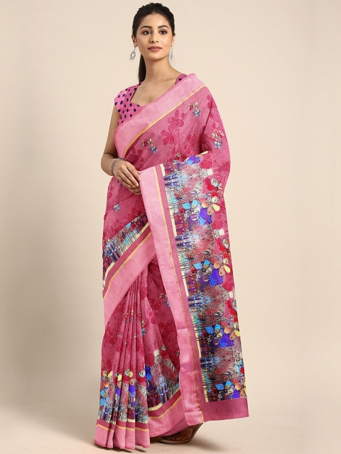 

KALINI Pink & Blue Polycotton Floral Printed Saree