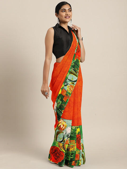 

KALINI Orange & Green Poly Georgette Printed Saree