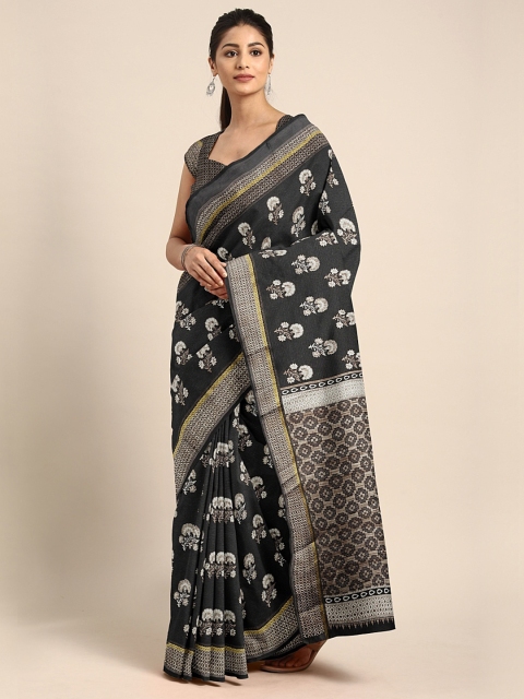 

KALINI Black & White Polycotton Floral Printed Saree