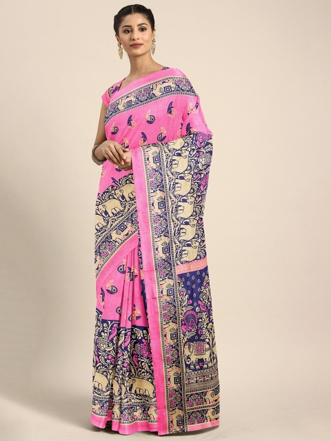 

KALINI Pink & Navy Blue Art Silk Printed Saree