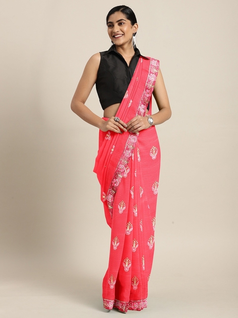 

KALINI Coral Pink Embroidered Pure Chiffon Saree