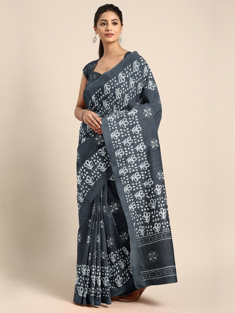 

KALINI Charcoal Grey & White Jute Cotton Printed Saree