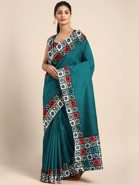 

KALINI Teal Blue Solid Polycotton Saree with Printed Border