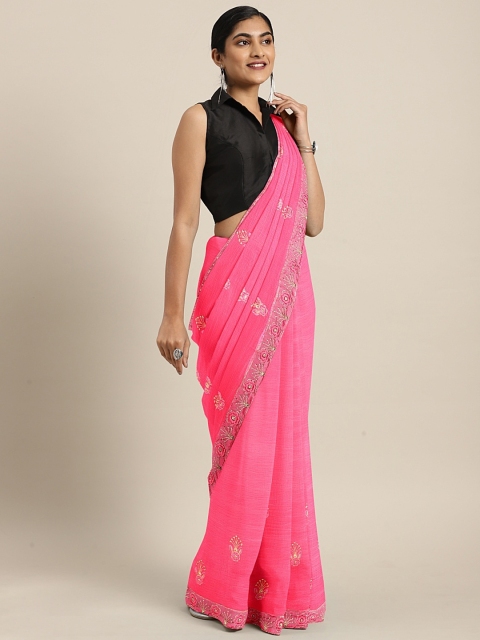 

KALINI Pink Pure Chiffon Embroidered Banarasi Saree