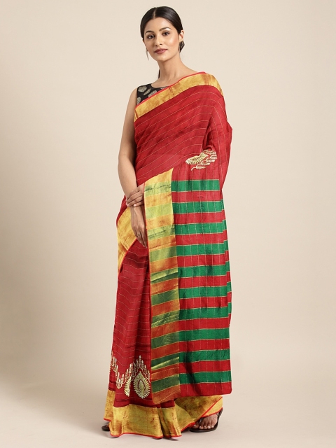 

KALINI Red & Gold-Coloured Jute Cotton Striped Saree