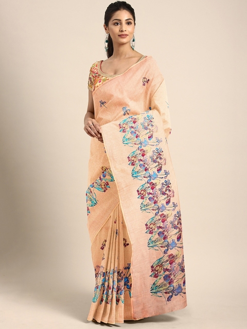 

KALINI Peach-Coloured & Blue Jute Cotton Floral Printed Saree