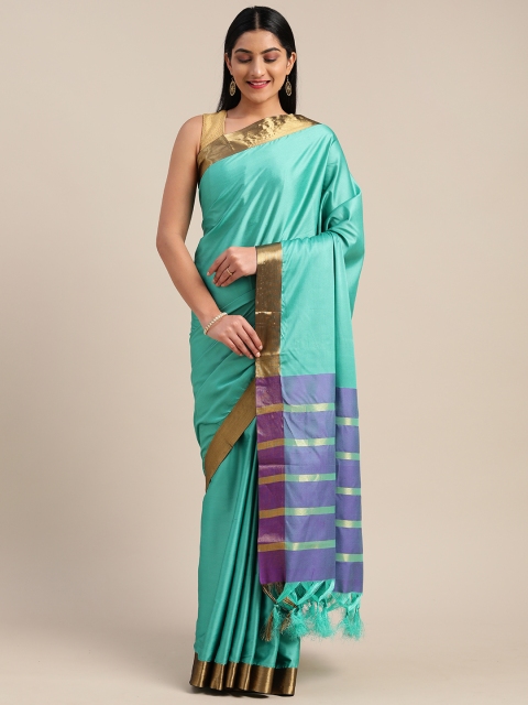 

Mitera Sea Green & Blue Cotton Blend Solid Saree