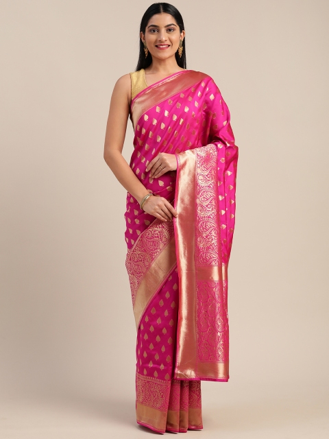 

Mitera Pink & Gold-Toned Silk Cotton Woven Design Banarasi Saree