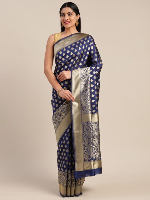 

Mitera Navy Blue & Gold-Toned Silk Cotton Woven Design Banarasi Saree