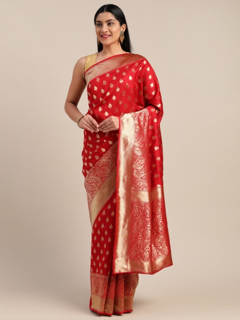 

Mitera Red & Gold-Toned Silk Cotton Woven Design Saree